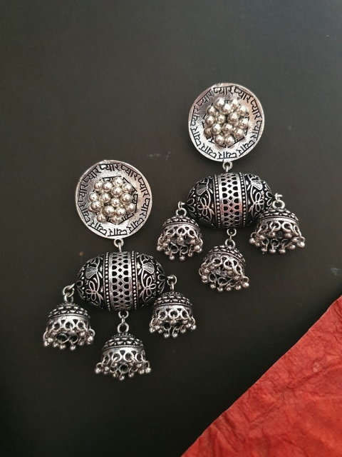 

Infuzze Oxidised Silver-Plated Beaded & Textured Classic Drop Earrings