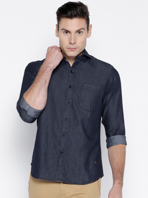 

John Players Men Navy Trim Fit Solid Chambray Shirt, Navy blue