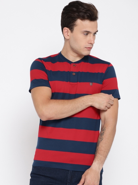 

John Players Men Navy Blue Striped Henley Neck T-shirt