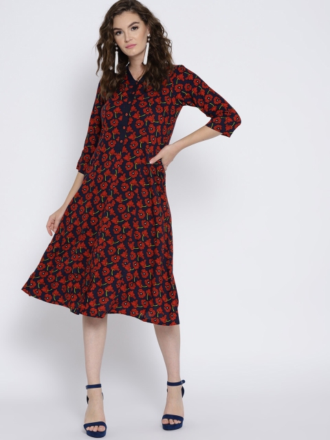 

Ayaany Women Navy Blue & Red Printed A-Line Dress