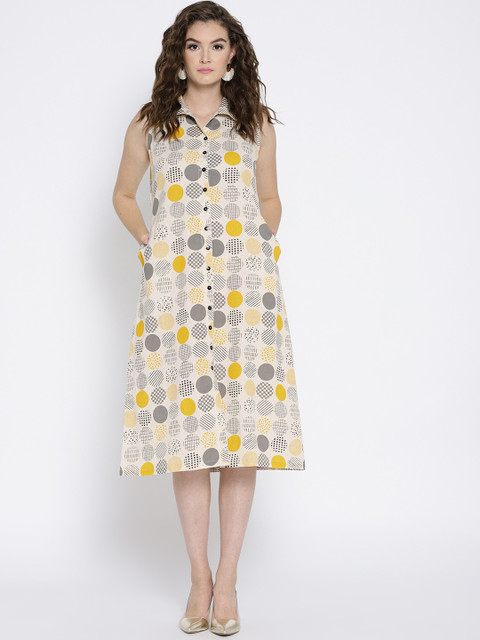 

Ayaany Women Off-White & Grey Printed Shirt Dress