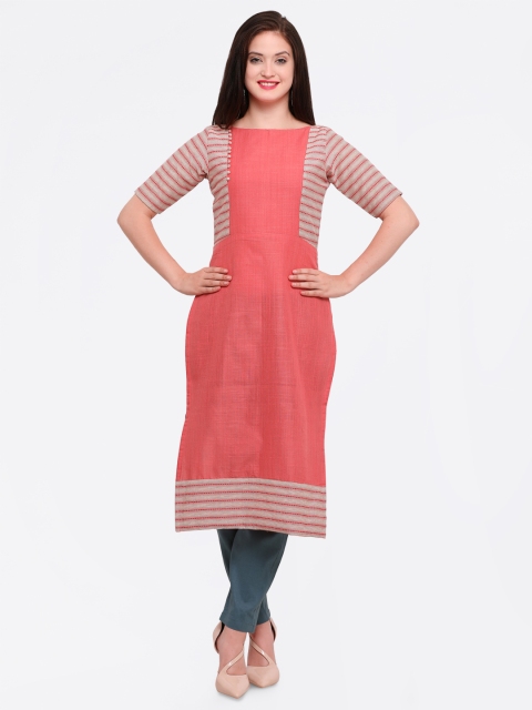 

Kvsfab Women Coral & Cream-Coloured Striped Straight Kurta