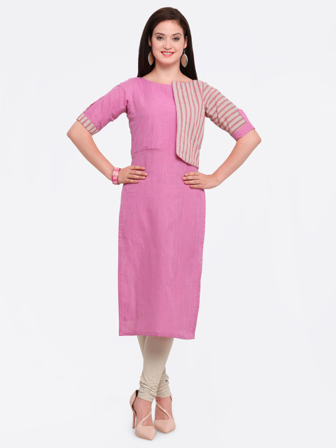 

Kvsfab Women Purple & Cream-Coloured Striped Straight Kurta