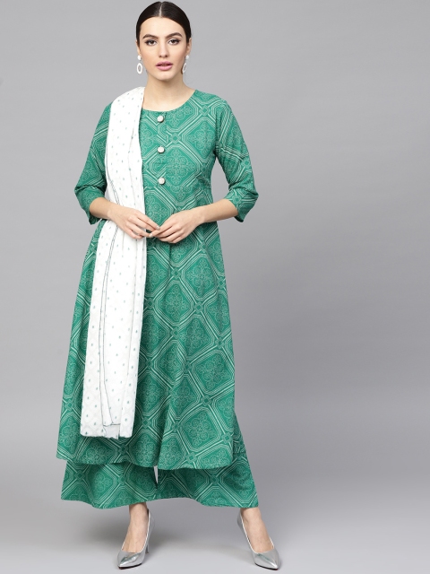 

Yufta Women Green Printed Kurta with Palazzos & Dupatta