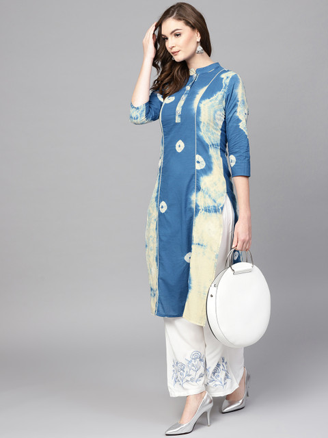 

Yufta Women Blue & White Bandhani Dyed Kurta with Palazzos