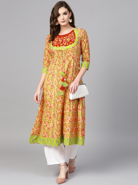 

Yufta Women Peach-Coloured & Green Printed A-Line Kurta