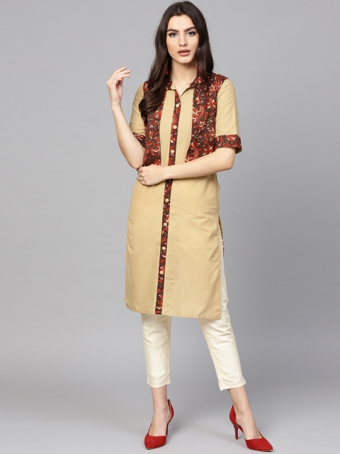 

Yufta Women Beige & Rust Brown Solid Straight Kurta with Ethnic Jacket