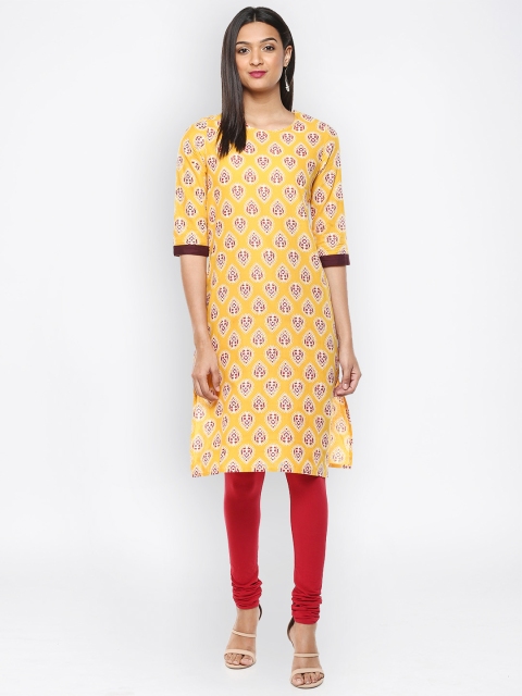 

Avaana Women Yellow & Maroon Printed Straight Kurta