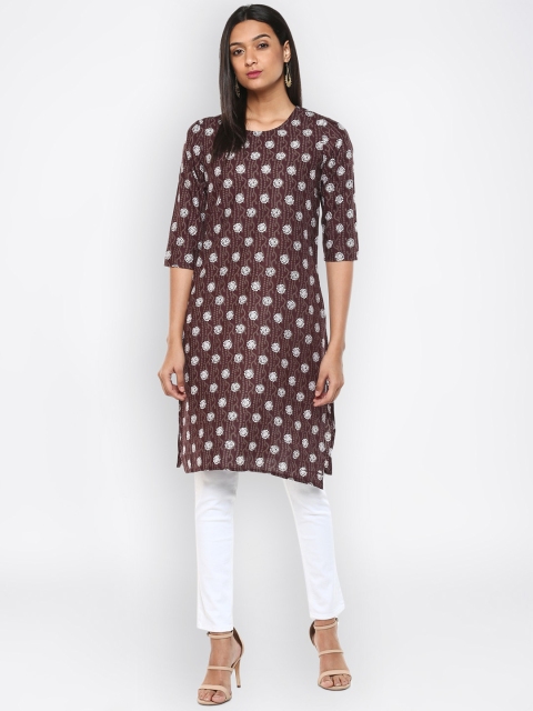 

Avaana Women Brown & White Printed Straight Kurta