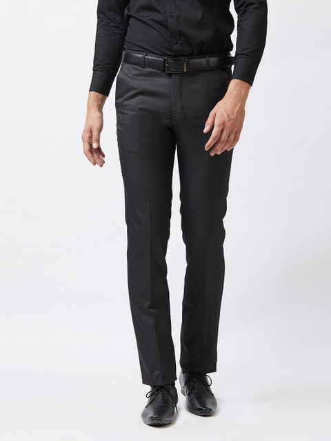 

Solemio Men Charcoal Grey Slim Fit Self Design Formal Trousers
