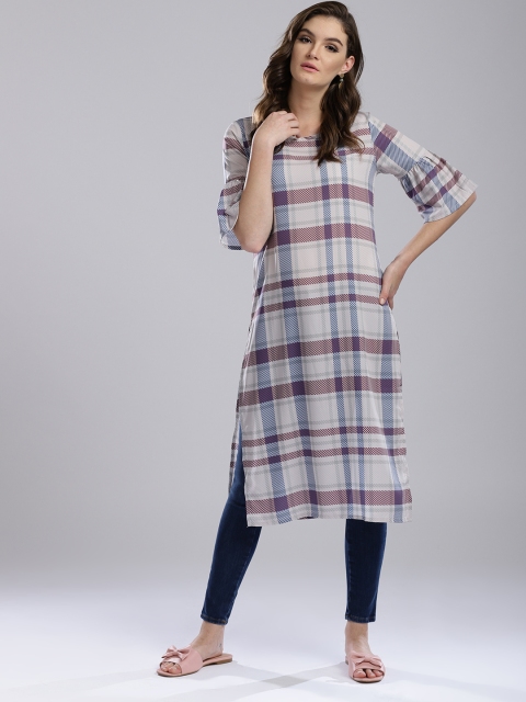 

Hubberholme Women Off-White & Blue Checked Straight Kurta