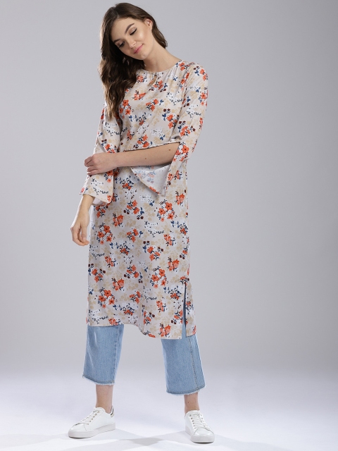 

Hubberholme Women Beige & Coral Orange Printed Straight Kurta