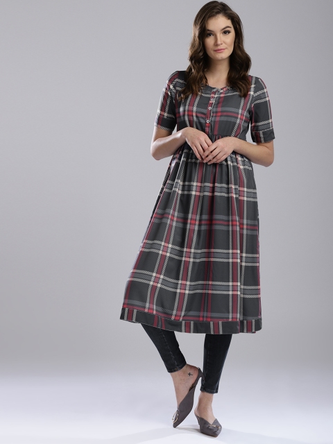 

Hubberholme Women Grey & Pink Checked A-Line Kurta