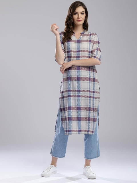 

Hubberholme Women Beige & Blue Checked Straight Kurta
