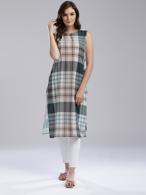 

Hubberholme Women Off-White & Teal Green Checked Straight Kurta