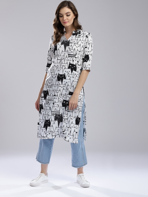 

Hubberholme Women White & Black Printed Straight Kurta