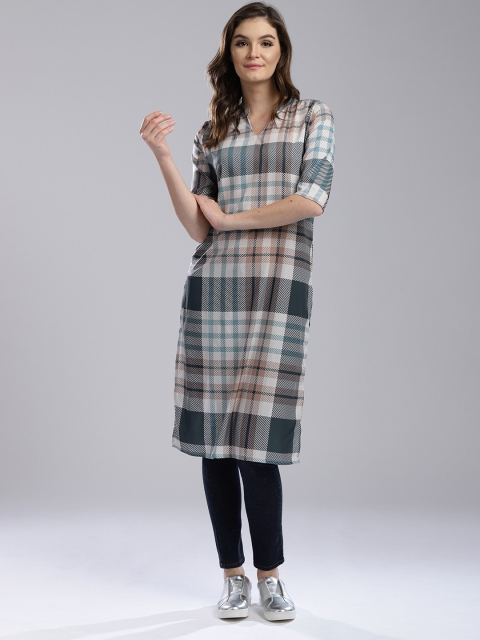

Hubberholme Women Beige & Teal Green Checked Straight Kurta