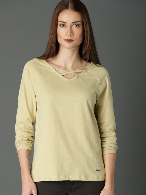 

Roadster Women Beige Solid V-Neck Pure Cotton T-shirt