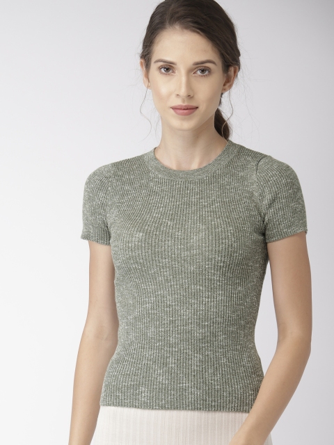 

FOREVER 21 Women Olive Green Solid Fitted Top