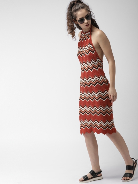 

FOREVER 21 Women Rust Red Self Design Bodycon Dress