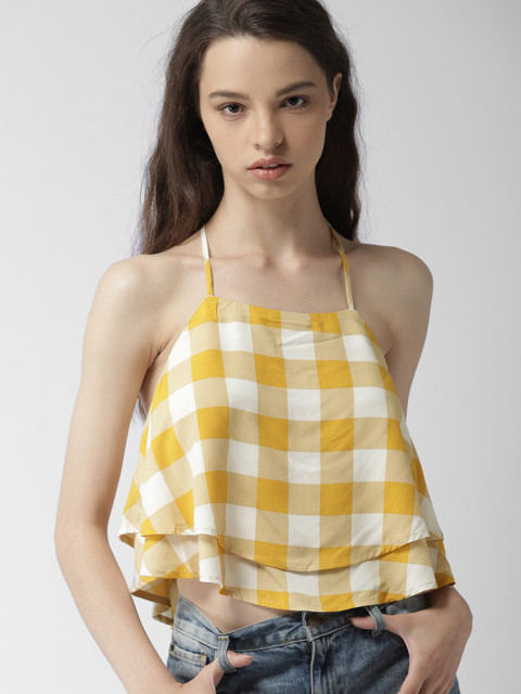 

FOREVER 21 Women Mustard Yellow & White Checked Top
