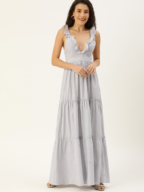 

FOREVER 21 Women White & Blue Striped Maxi Dress