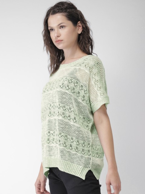 

FOREVER 21 Women Off-White & Green Self Design Pullover