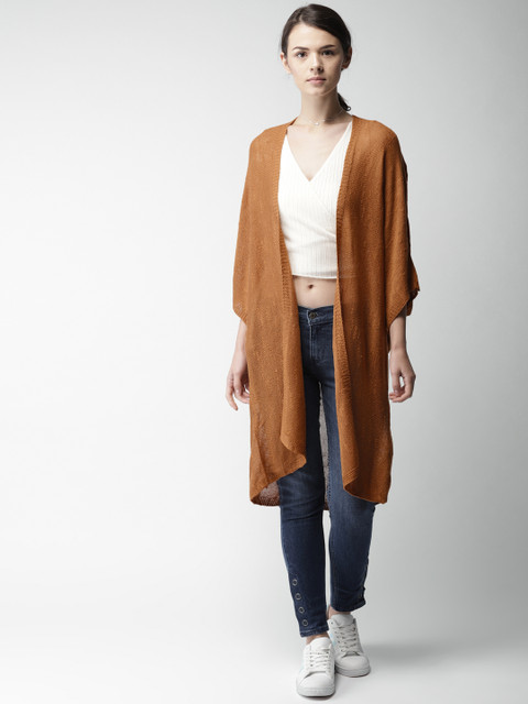 

FOREVER 21 Women Brown Solid Front-Open Longline Sweater