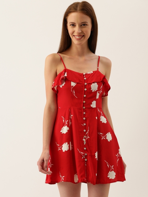 

FOREVER 21 Women Red & White Floral Printed Fit and Flare Dress