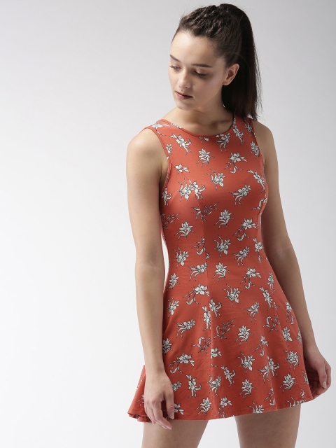 FOREVER 21 Women Rust Brown & Cream Printed A-Line Mini Dress