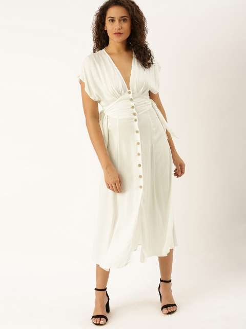

FOREVER 21 Women White Solid A-Line Dress with Waist Tie-Up