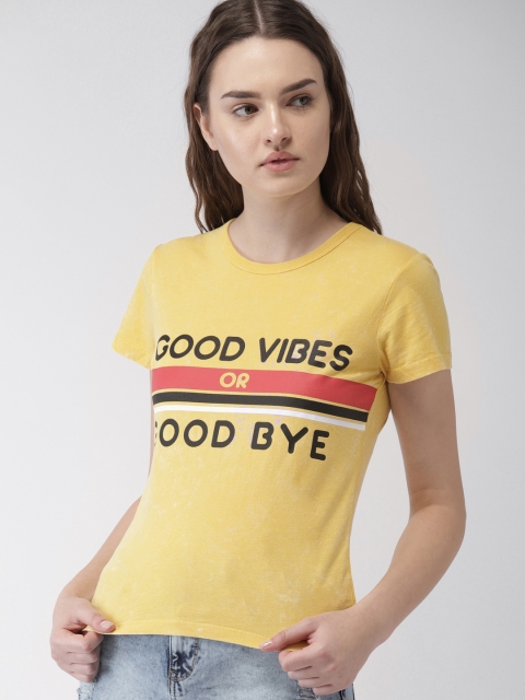 

FOREVER 21 Women Yellow Printed Round Neck T-shirt