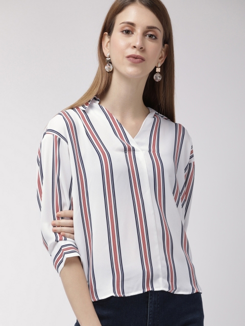 

FOREVER 21 Women White & Blue Striped Top With Back Tie-Up Detail