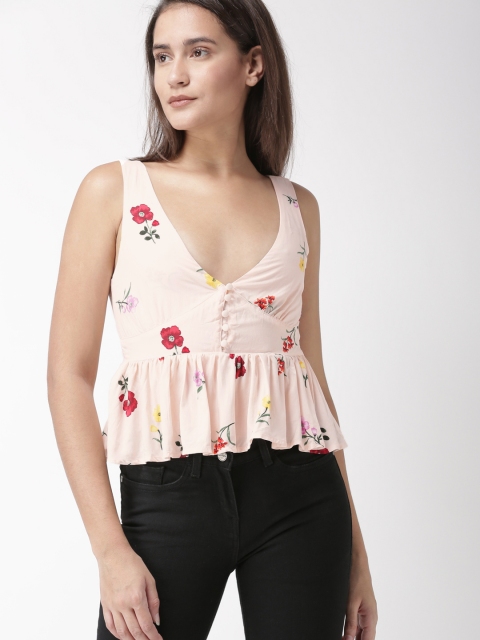 

FOREVER 21 Women Pink Printed Peplum Top