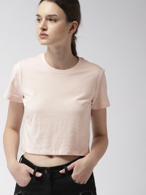

FOREVER 21 Women Peach Solid Round Neck T-shirt