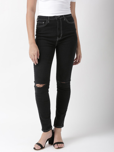 

FOREVER 21 Women Black Skinny Fit High-Rise Slash Knee Stretchable Jeans