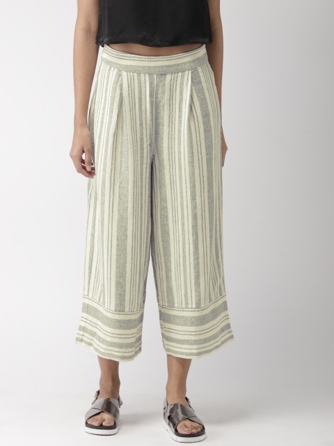 

FOREVER 21 Women Off-White & Navy Blue Striped Parallel Trousers