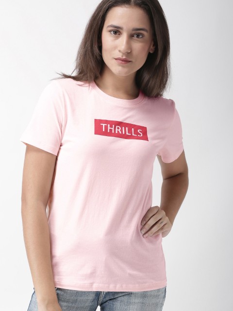 

FOREVER 21 Women Pink Printed Round Neck Pure Cotton T-shirt