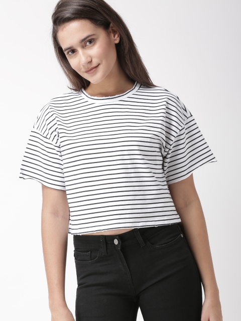 

FOREVER 21 Women White & Black Striped Boxy Top