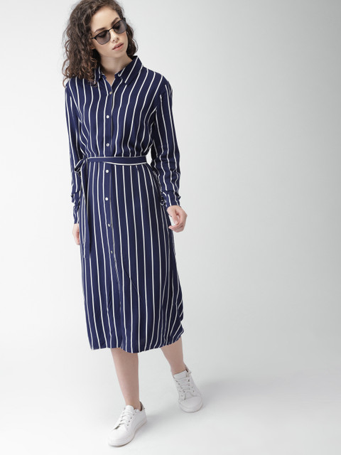 

FOREVER 21 Women Navy Blue Striped Shirt Dress