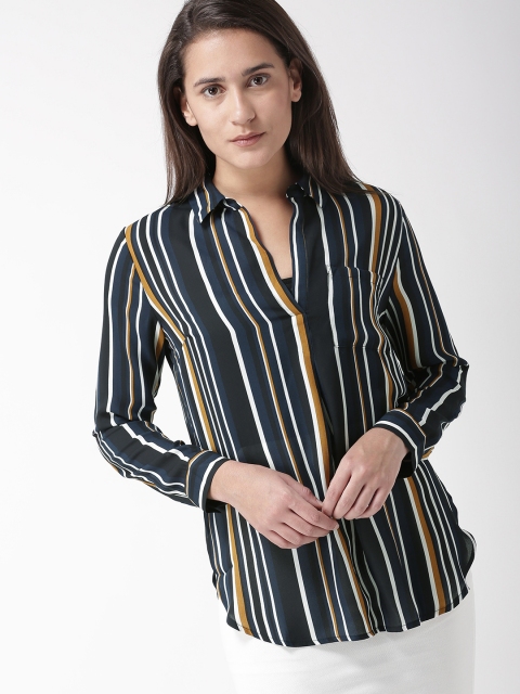 

FOREVER 21 Women Navy Blue & Black Striped Semi-Sheer Shirt Style Top
