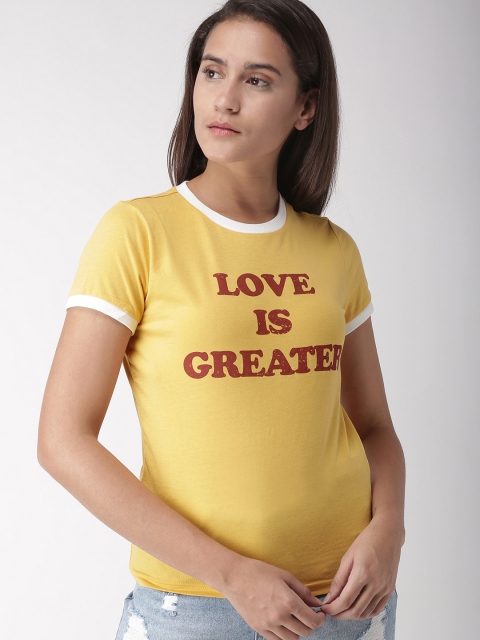 

FOREVER 21 Women Yellow Printed Round Neck T-shirt