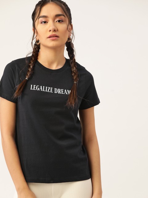 

FOREVER 21 Women Black White Pure Cotton Printed Detail Pure Cotton T-shirt