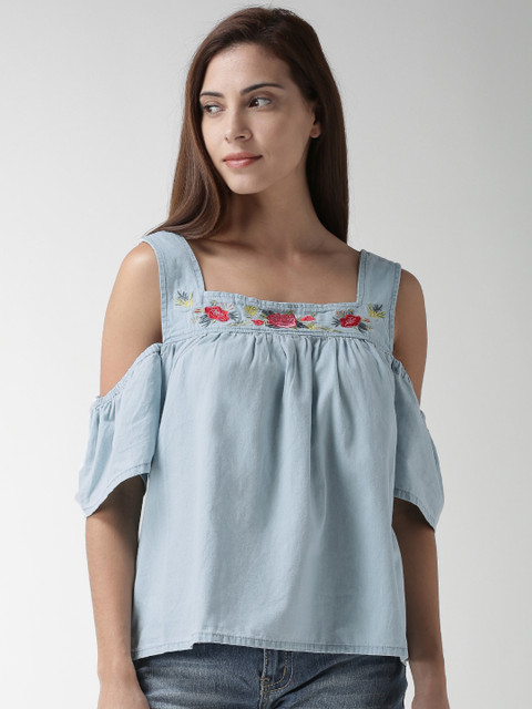 

FOREVER 21 Women Blue Embroidered Top