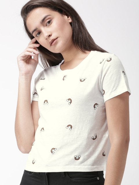 

FOREVER 21 Women White Printed Round Neck T-shirt