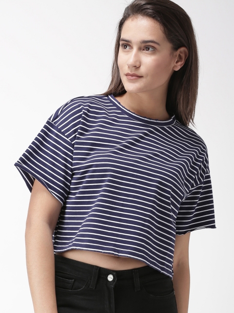 

FOREVER 21 Women Navy Blue & White Striped Crop Boxy Pure Cotton Top