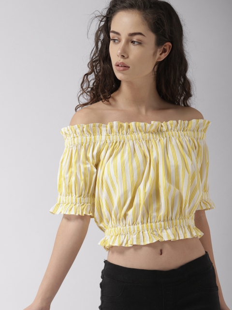 

FOREVER 21 Women Yellow & Off-White Striped Bardot Top