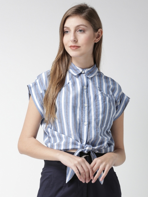 

FOREVER 21 Women Blue Striped Shirt Style Crop Top