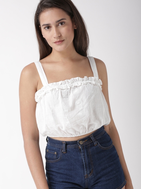 

FOREVER 21 Women White Self Design Semi Sheer Blouson Cropped Top