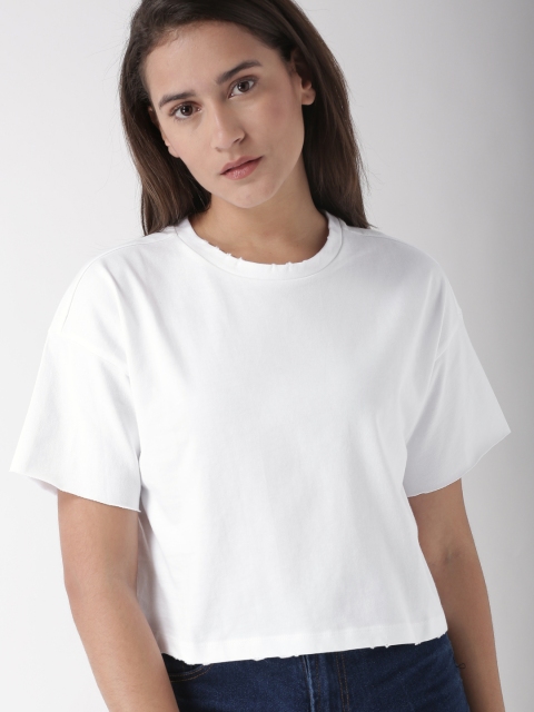 

FOREVER 21 Women White Solid Round Neck Cropped T-shirt